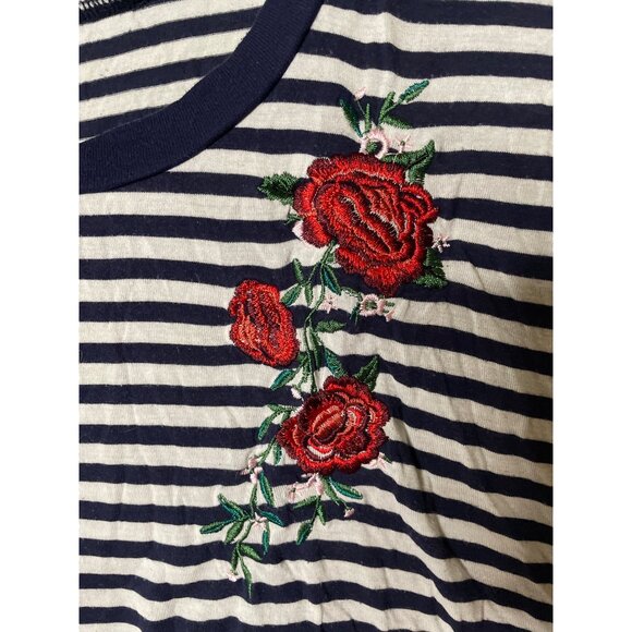 Kendall and Kylie Womens Striped Floral Embroidered T Shirt Size S Navy White - Picture 3 of 5